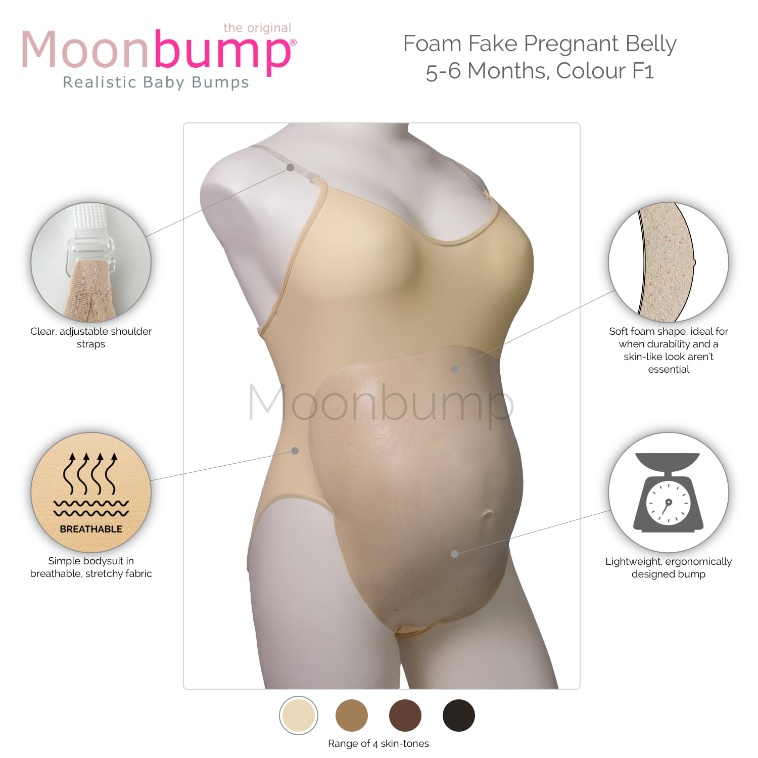 Foam fake pregnancy bump in a sand beige skin tone infographic showing the features of our foam fake pregnancy bump in a sand beige skin tone