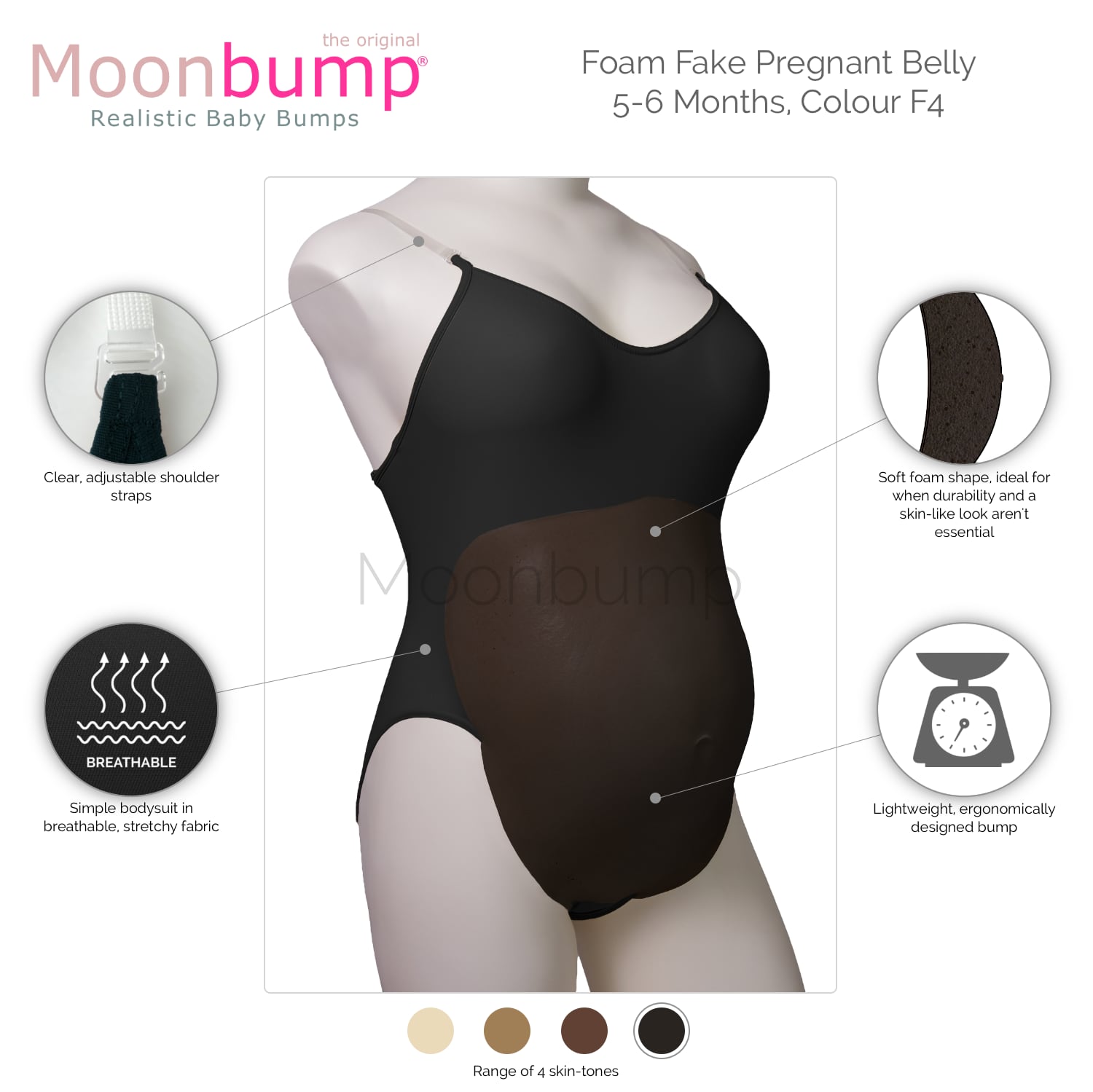 Foam fake pregnant belly black coffee skin tone infographic showing the features of our foam fake pregnant belly black coffee skin tone