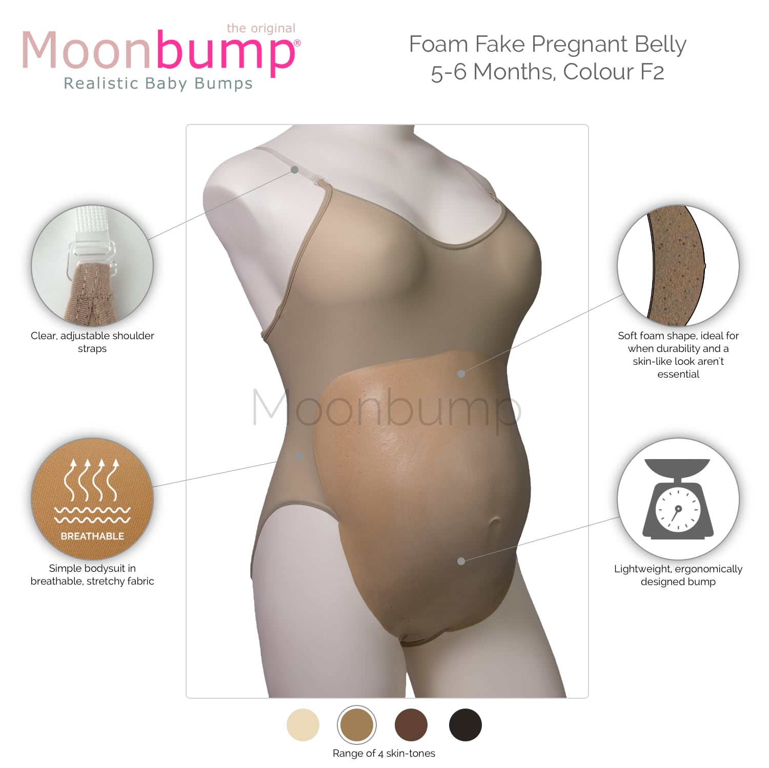 Foam fake tummy in a caramel skin tone infographic showing the features of our foam fake tummy in a caramel skin tone