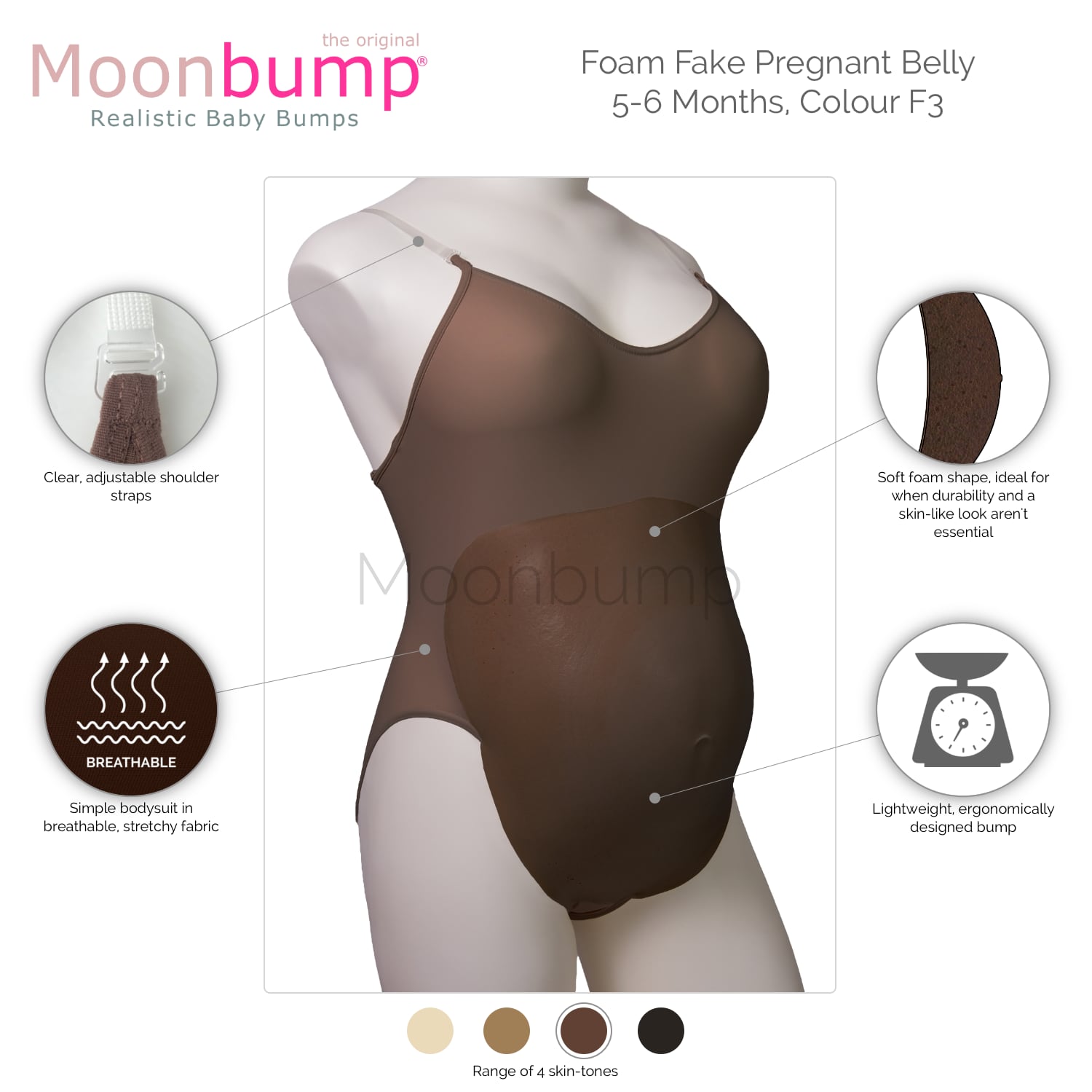 Foam faux pregnancy belly in a deep brown skin tone infographic showing the features of our foam faux pregnancy belly in a deep brown skin tone
