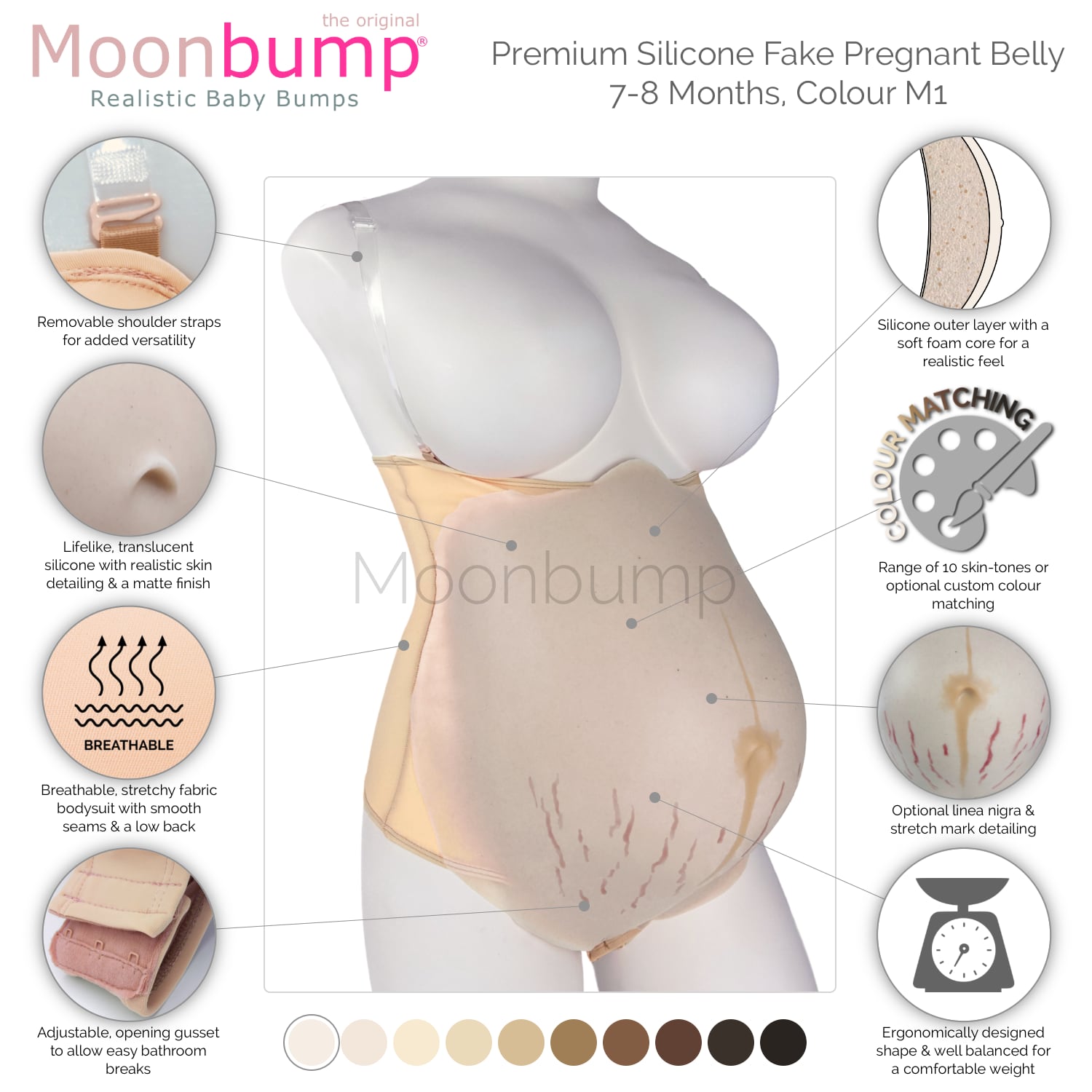 infographic showing the features of our premium silicone 7-8 month fake maternity belly in a pale ivory skin tone