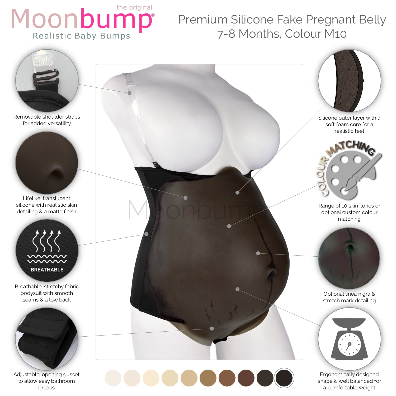 infographic showing the features of our premium silicone 7-8 month fake maternity belly in a black coffee skin tone