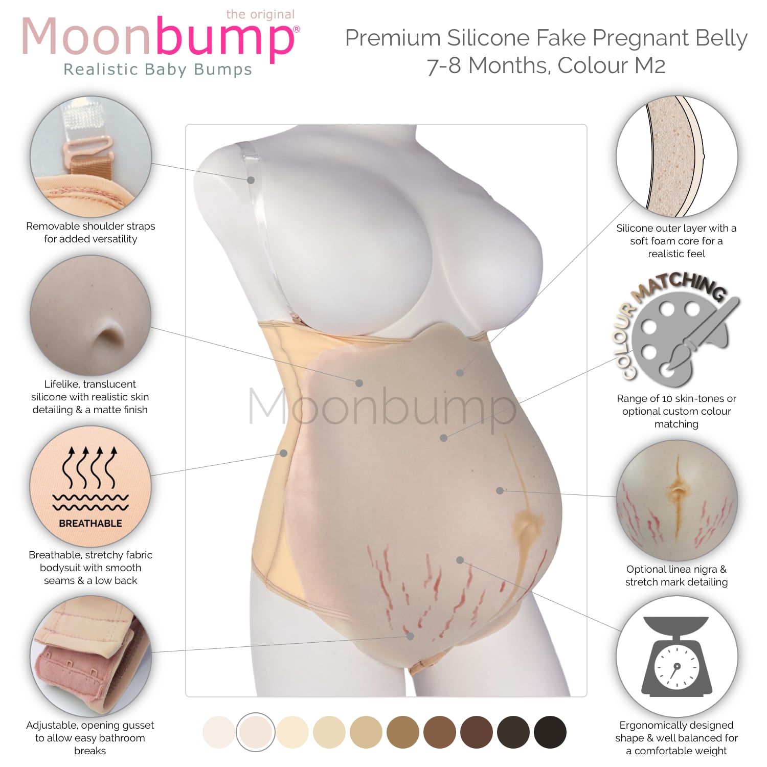 infographic showing the features of our premium silicone 7-8 month fake maternity belly in a porcelain skin tone