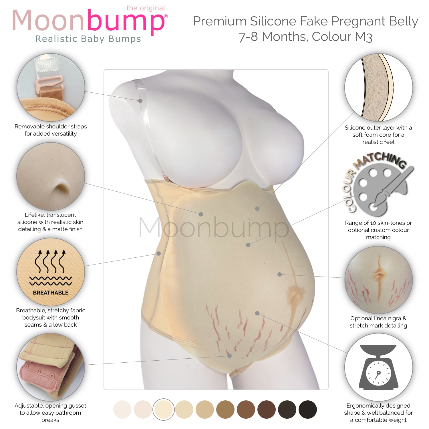infographic showing the features of our premium silicone 7-8 month fake maternity belly in a warm ivory skin tone