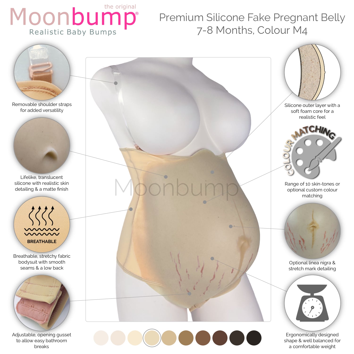 infographic showing the features of our premium silicone 7-8 month fake maternity belly in a beige skin tone