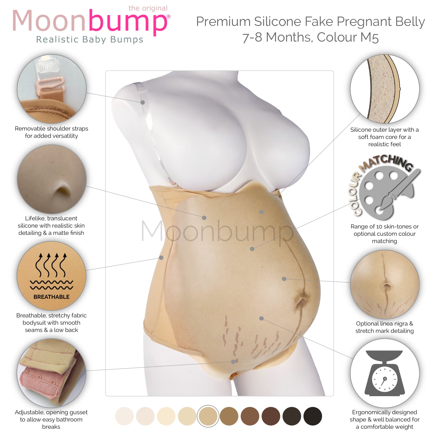 infographic showing the features of our premium silicone 7-8 month fake maternity belly in a warm beige skin tone