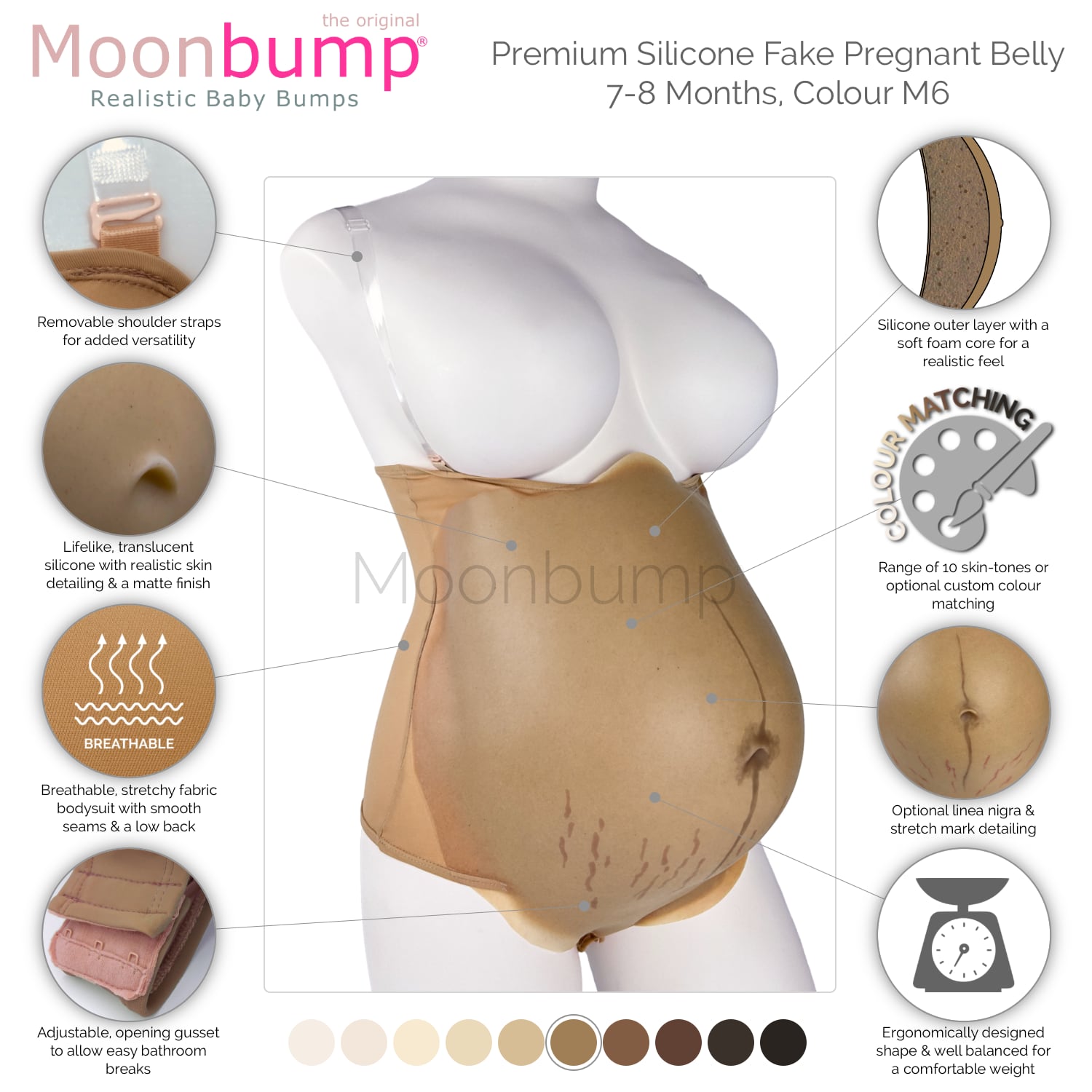 infographic showing the features of our premium silicone 7-8 month fake maternity belly in a light brown skin tone