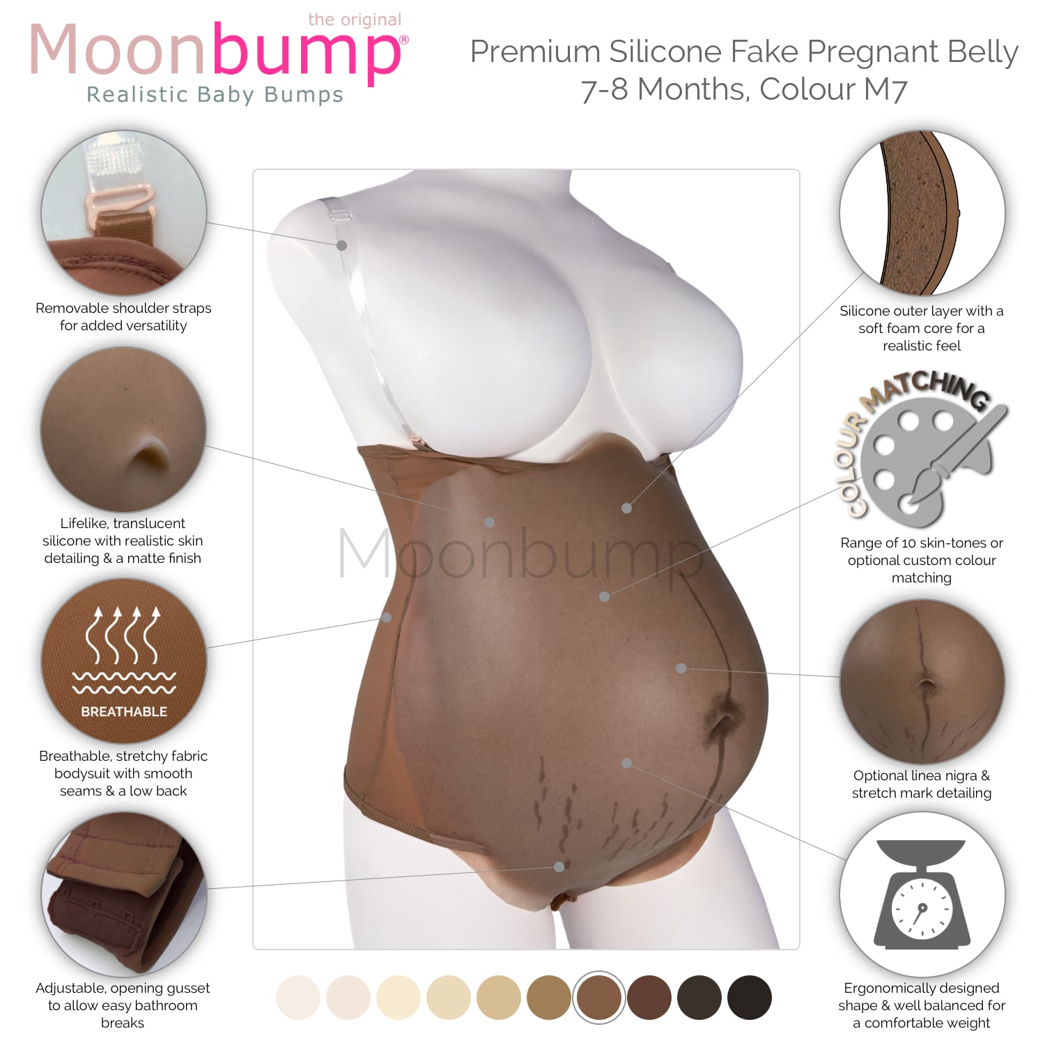 infographic showing the features of our premium silicone 7-8 month fake maternity belly in a chocolate brown skin tone