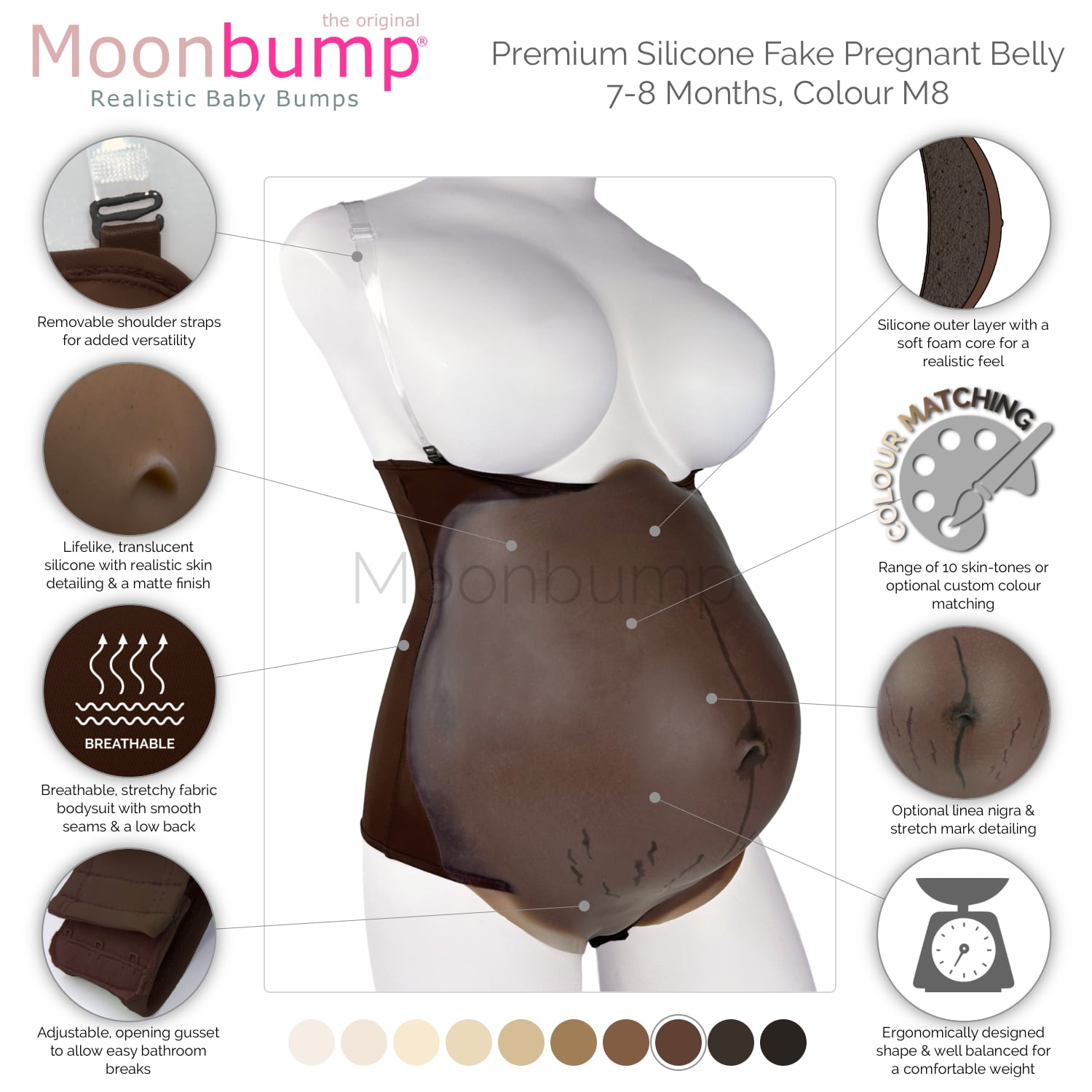 infographic showing the features of our premium silicone 7-8 month fake maternity belly in a chestnut brown skin tone