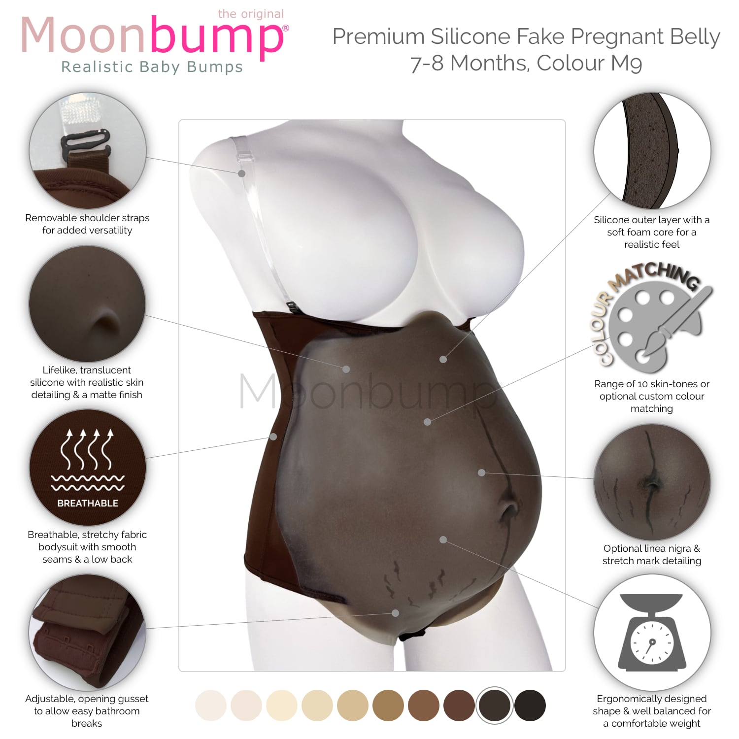 infographic showing the features of our premium silicone 7-8 month fake maternity belly in a dark brown skin tone