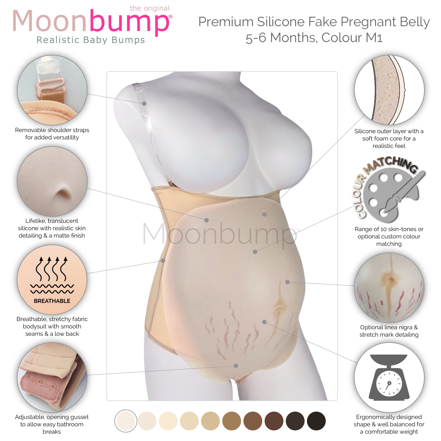 infographic showing the features of our premium silicone 5-6 month fake pregnancy belly in a pale ivory skin tone