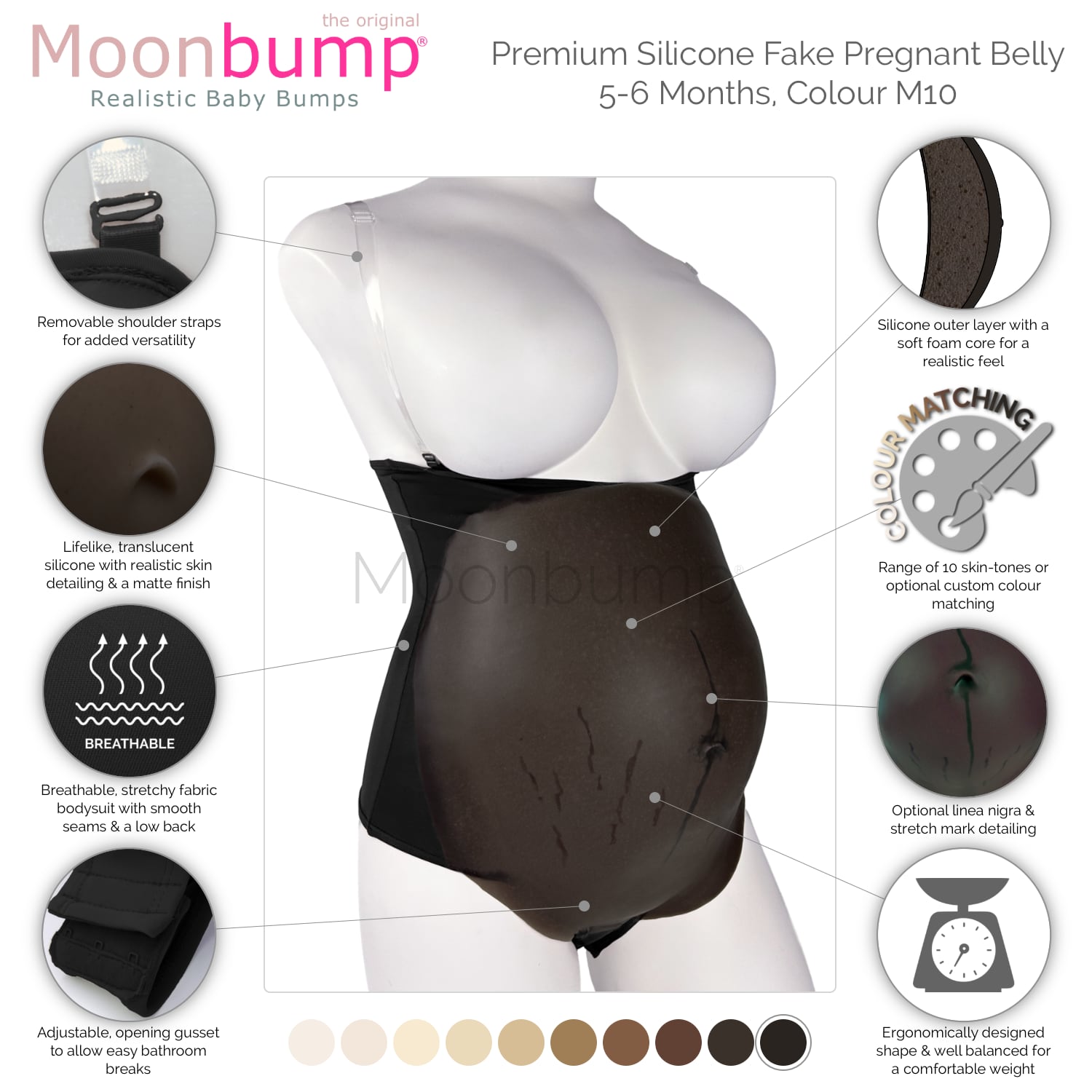 infographic showing the features of our premium silicone 5-6 month fake pregnancy belly in a black coffee skin tone