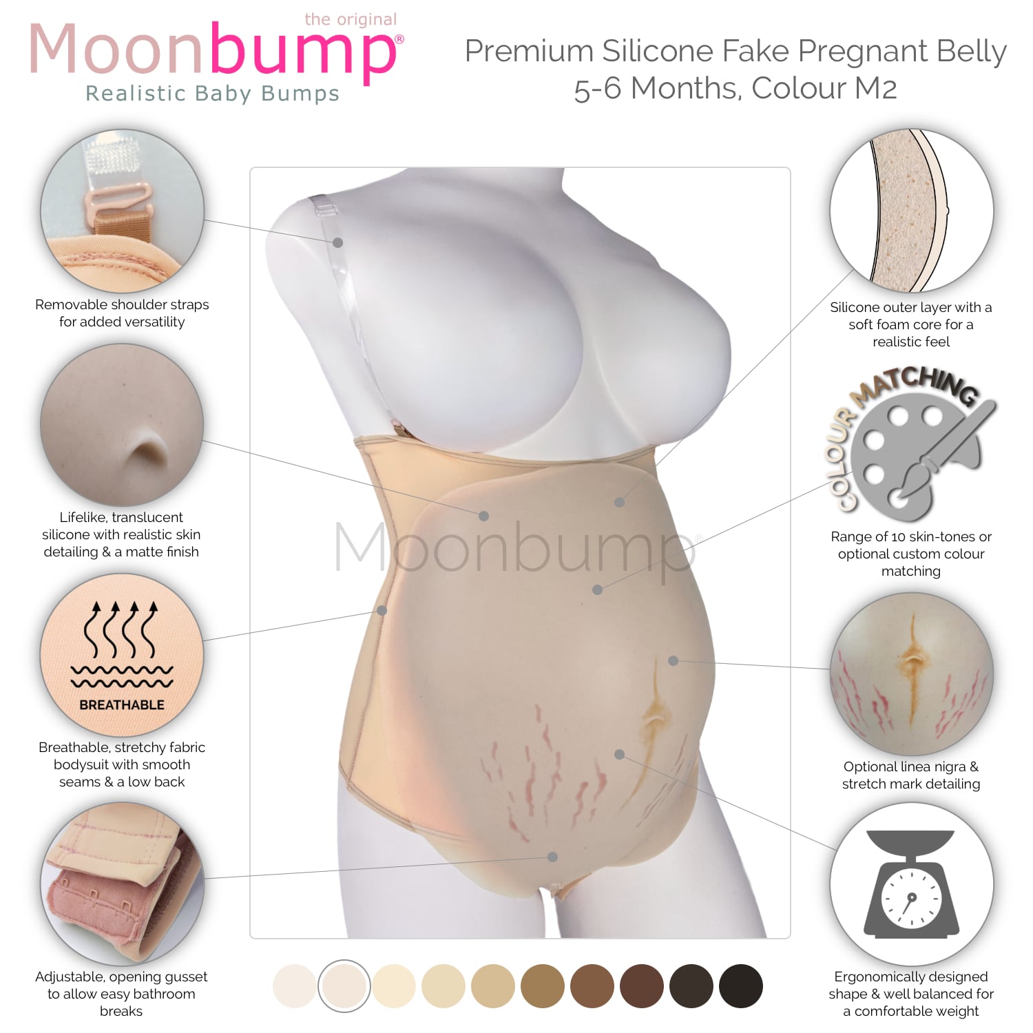 infographic showing the features of our premium silicone 5-6 month fake pregnancy belly in a porcelain skin tone