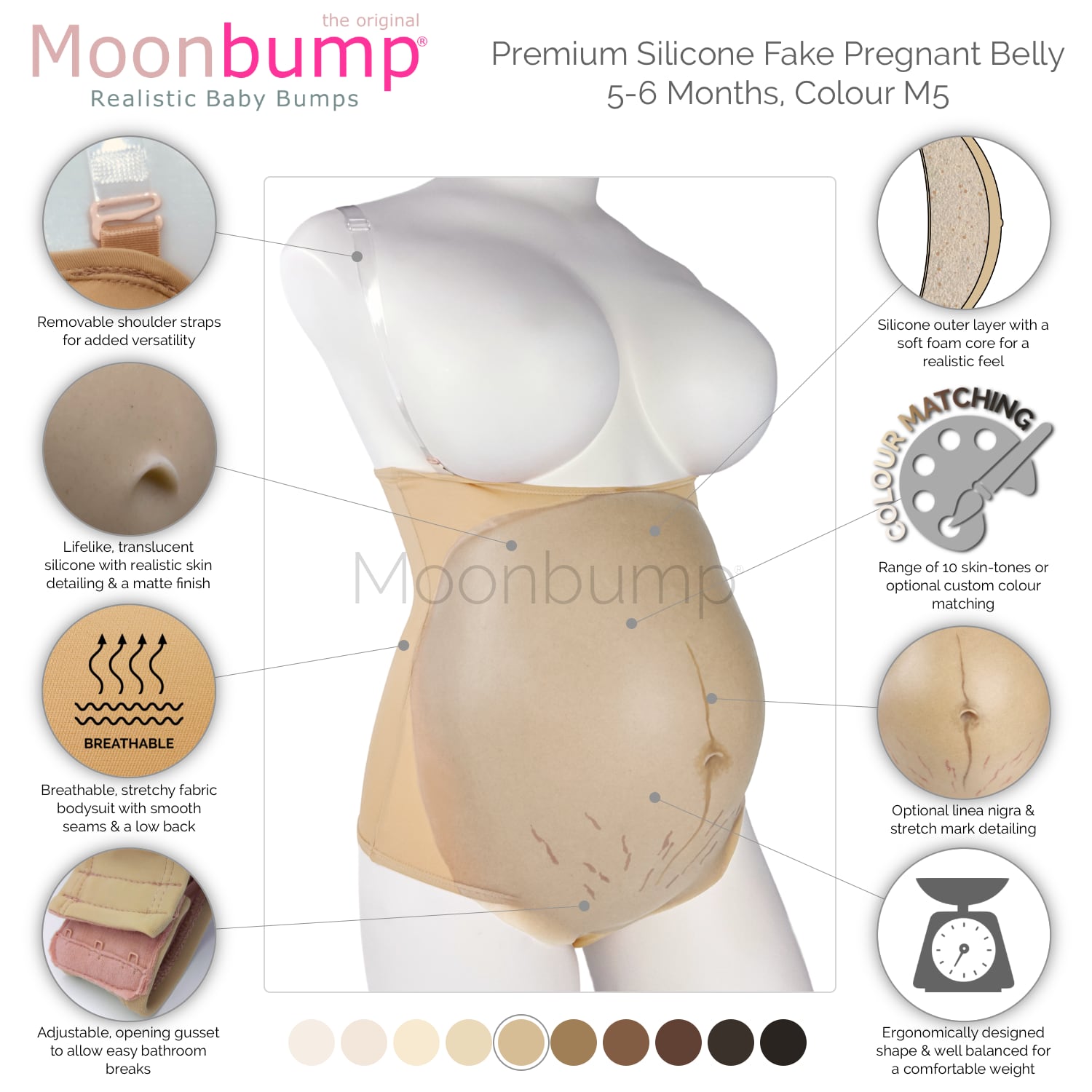 infographic showing the features of our premium silicone 5-6 month fake pregnancy belly in a warm beige skin tone