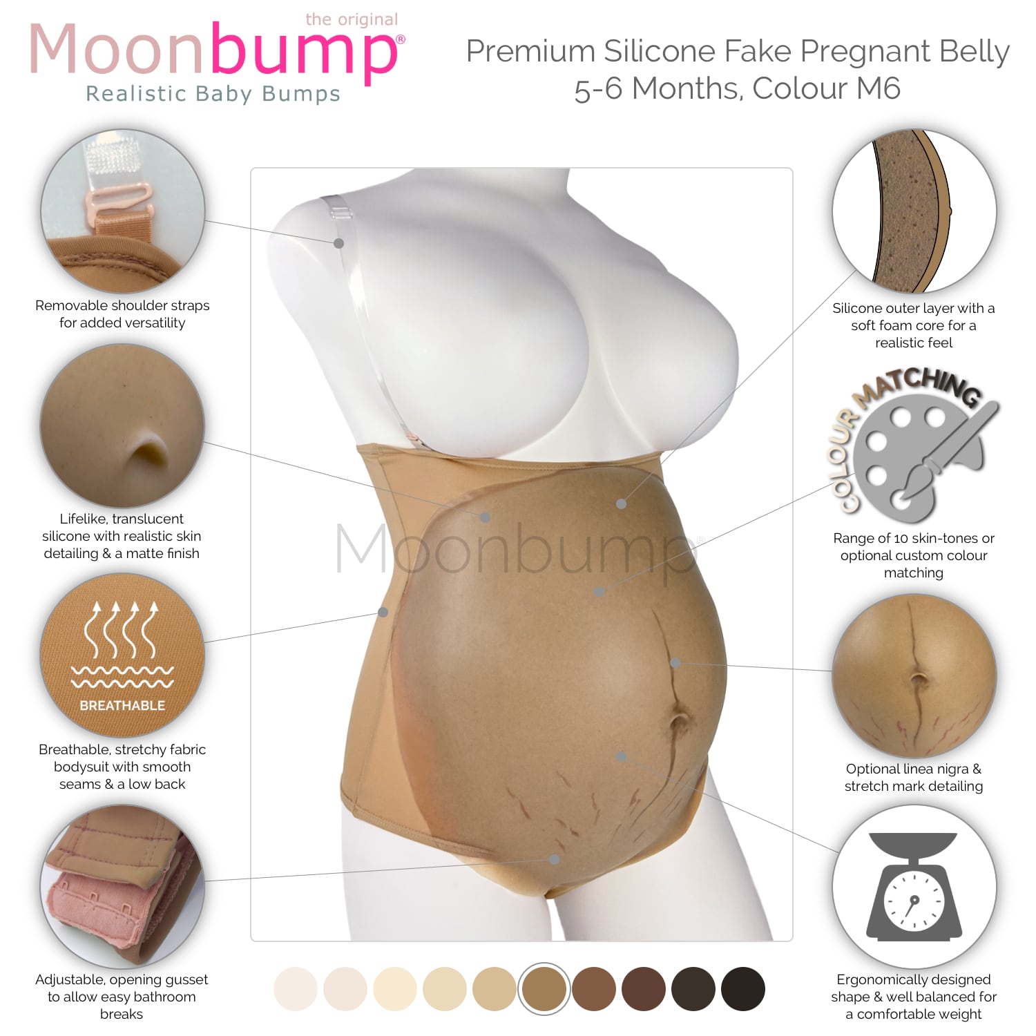 infographic showing the features of our premium silicone 5-6 month fake pregnancy belly in a light brown skin tone