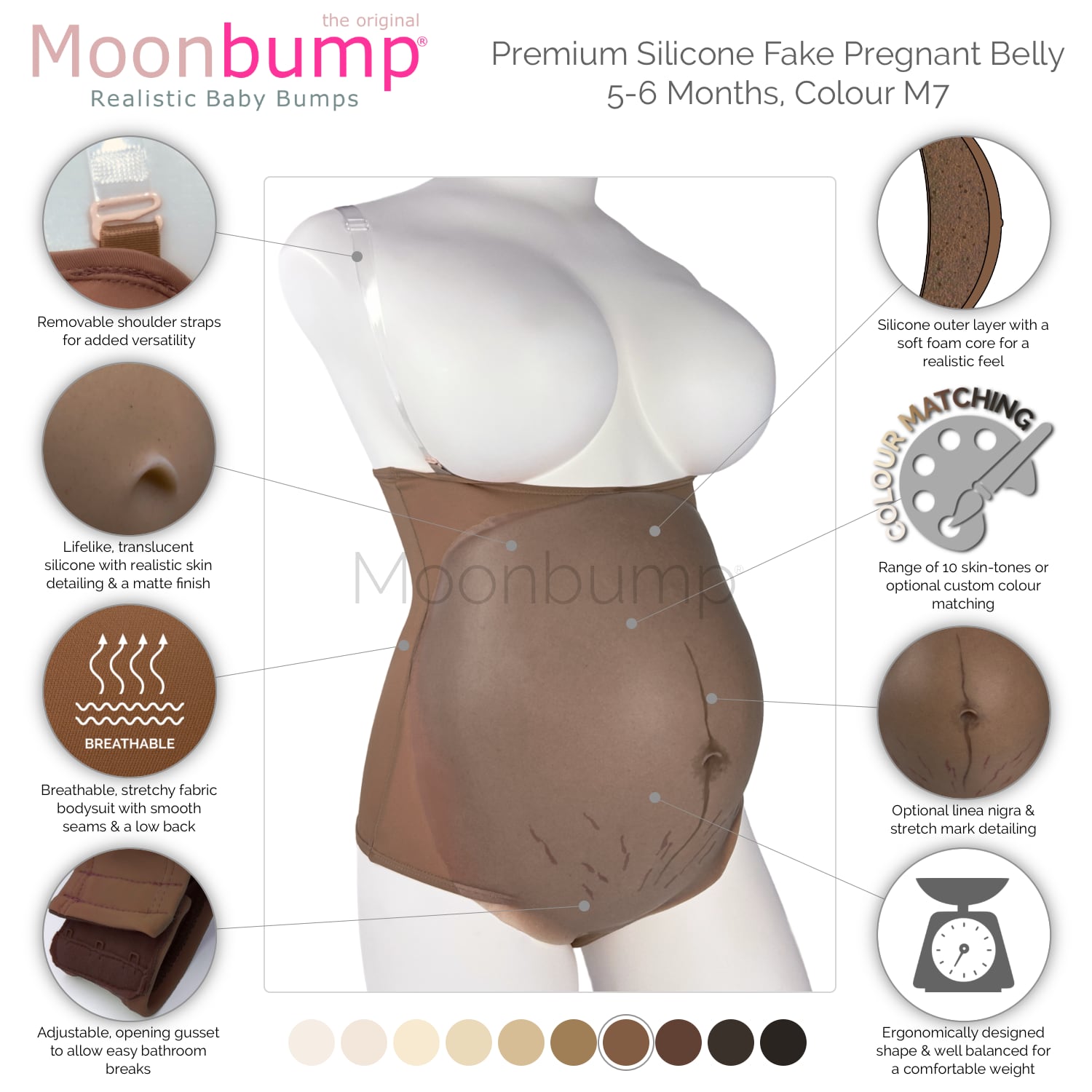 infographic showing the features of our premium silicone 5-6 month fake pregnancy belly in a chocolate brown skin tone