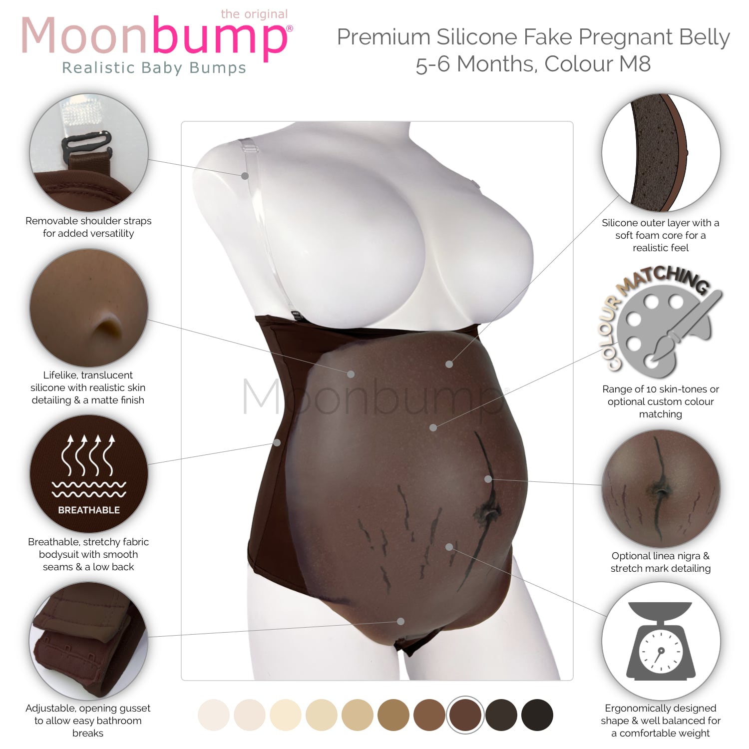 infographic showing the features of our premium silicone 5-6 month fake pregnancy belly in a chestnut brown skin tone