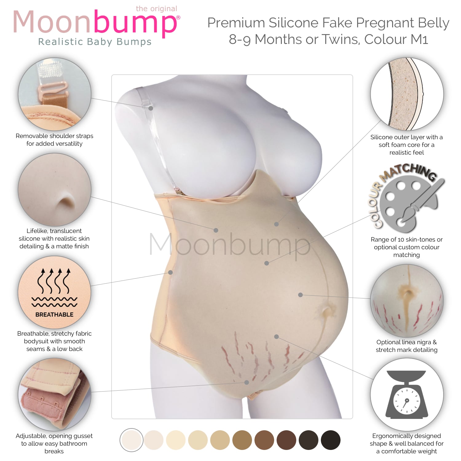 infographic showing the features of our premium silicone fake pregnant belly twins in a pale ivory skin tone
