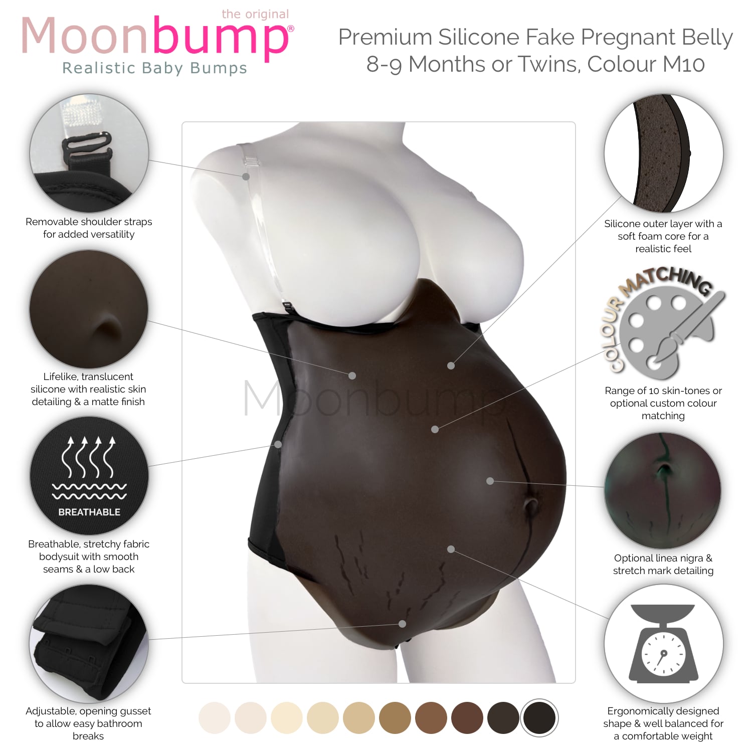 infographic showing the features of our premium silicone fake pregnant belly twins in a black coffee skin tone