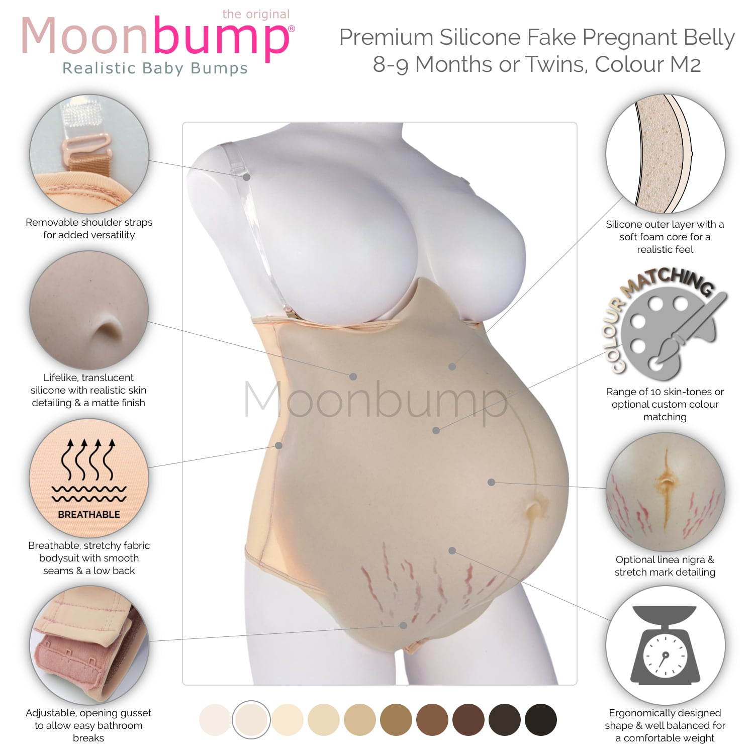 infographic showing the features of our premium silicone fake pregnant belly twins in a porcelain skin tone