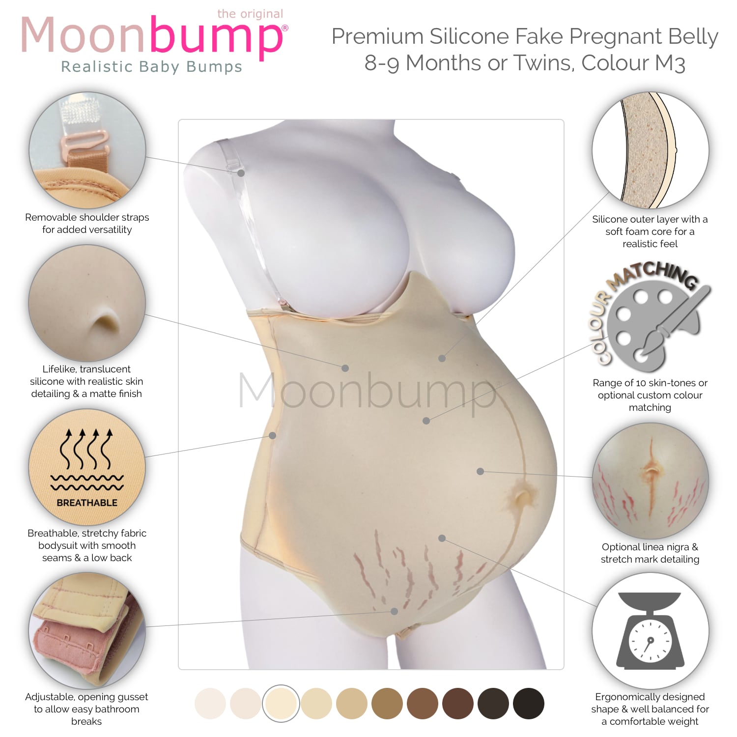 infographic showing the features of our premium silicone fake pregnant belly twins in a warm ivory skin tone
