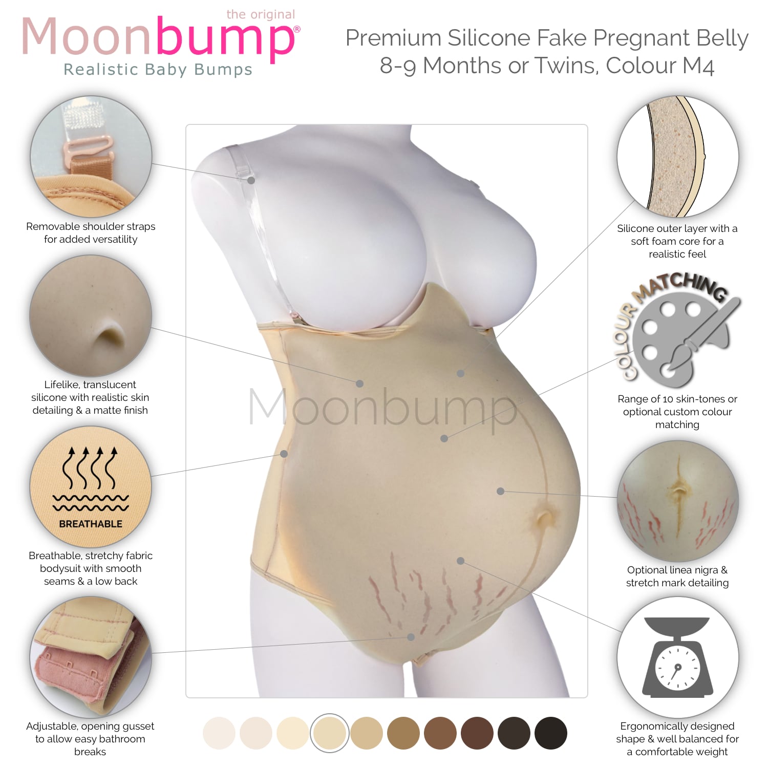 infographic showing the features of our premium silicone fake pregnant belly twins in a beige skin tone