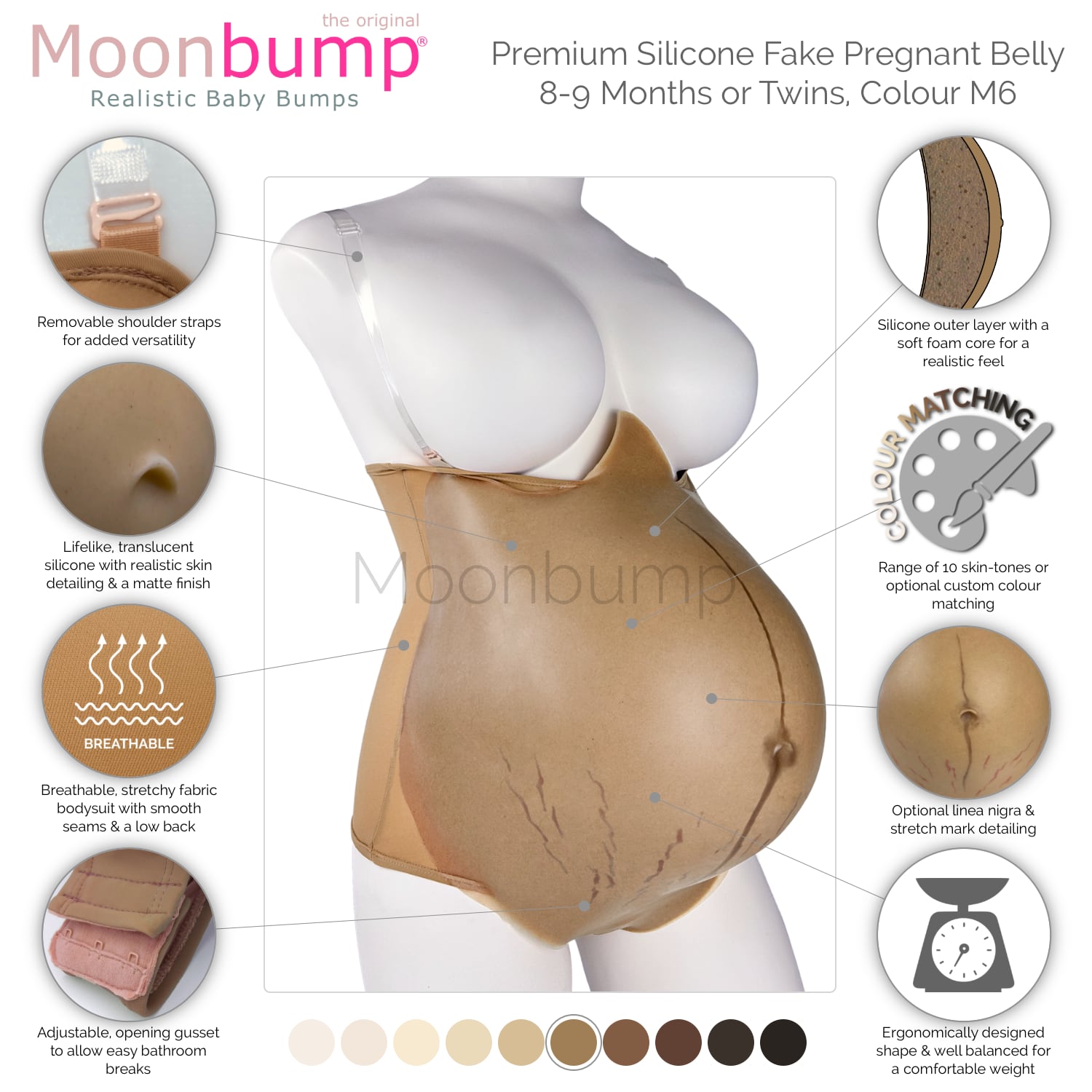infographic showing the features of our premium silicone fake pregnant belly twins in a light brown skin tone