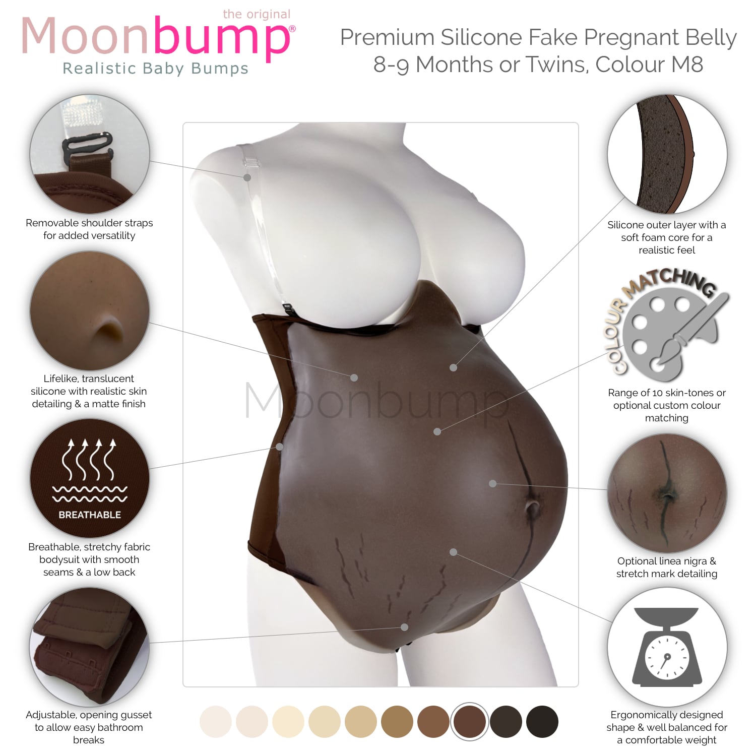 infographic showing the features of our premium silicone fake pregnant belly twins in a chestnut brown skin tone