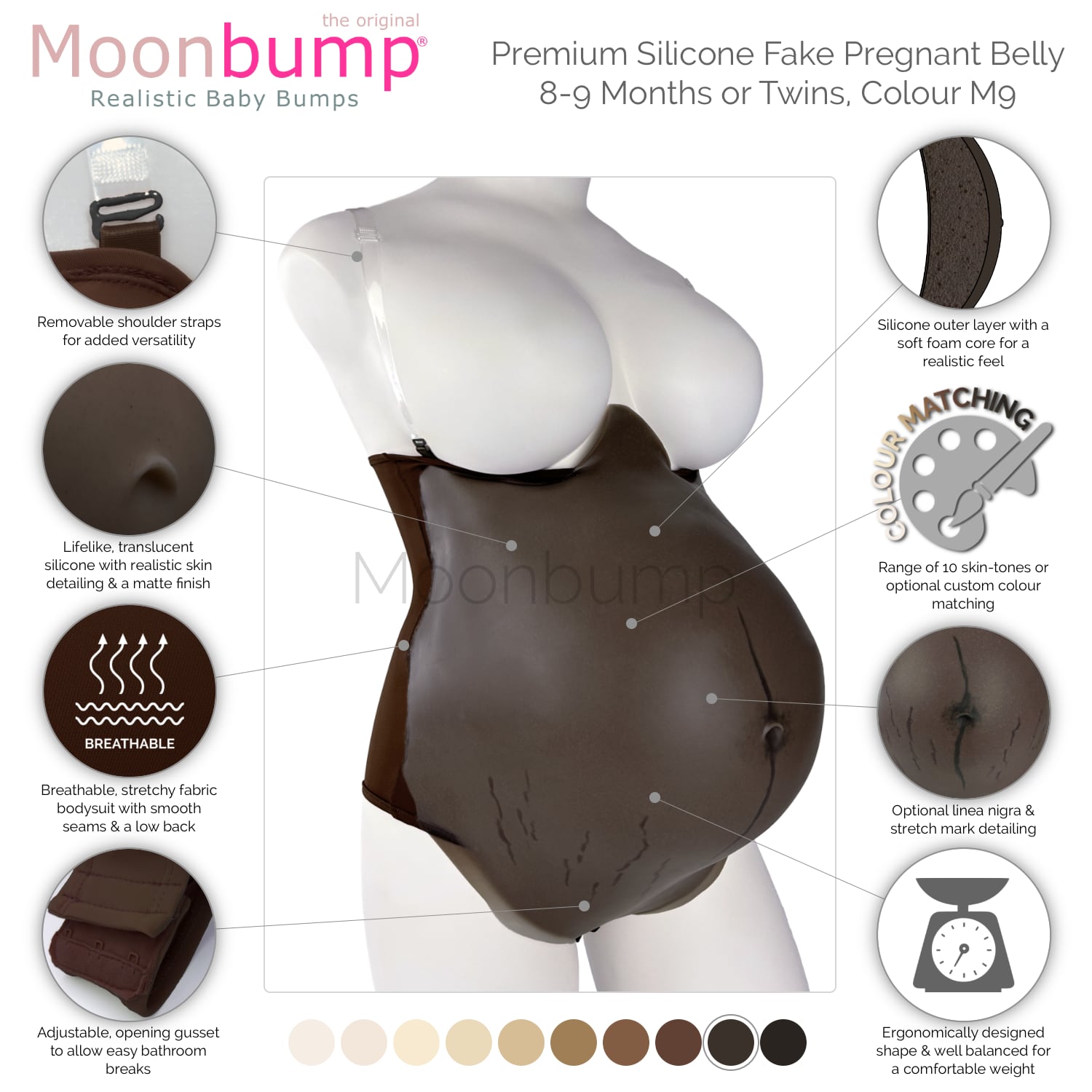infographic showing the features of our premium silicone fake pregnant belly twins in a dark brown skin tone
