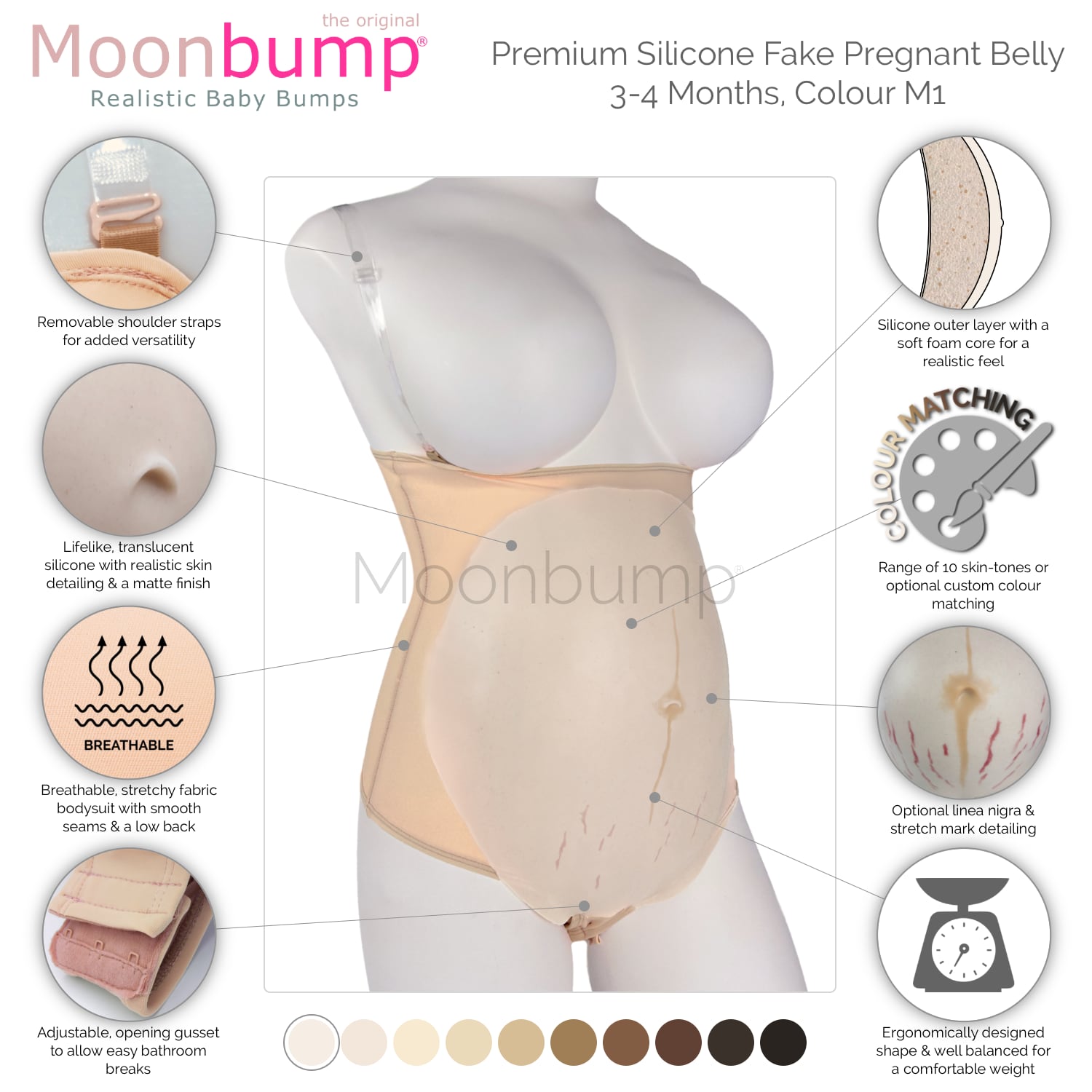 infographic showing the features of our premium silicone 3-4 month imitation pregnancy belly in a pale ivory skin tone