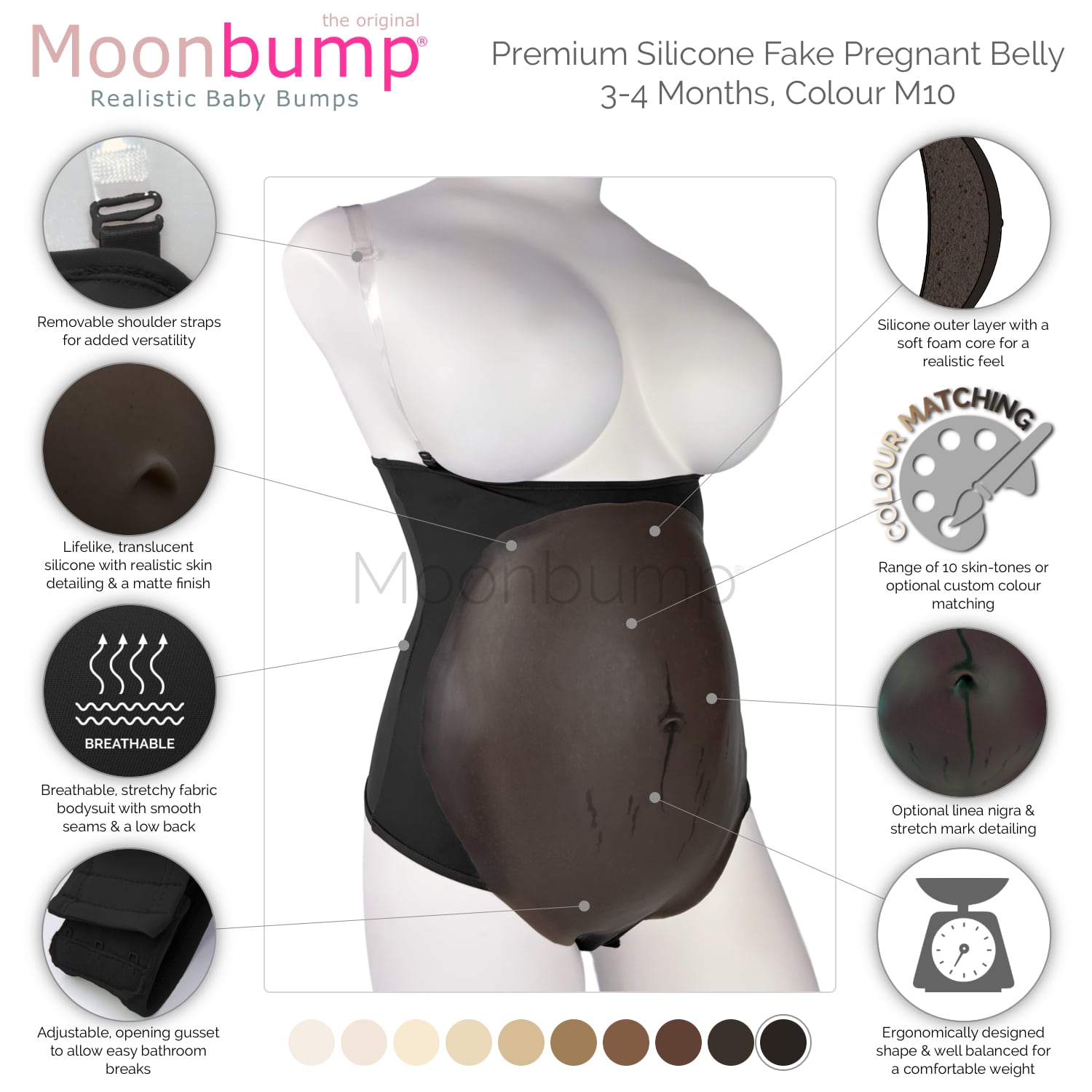 infographic showing the features of our premium silicone 3-4 month imitation pregnancy belly in a black coffee skin tone
