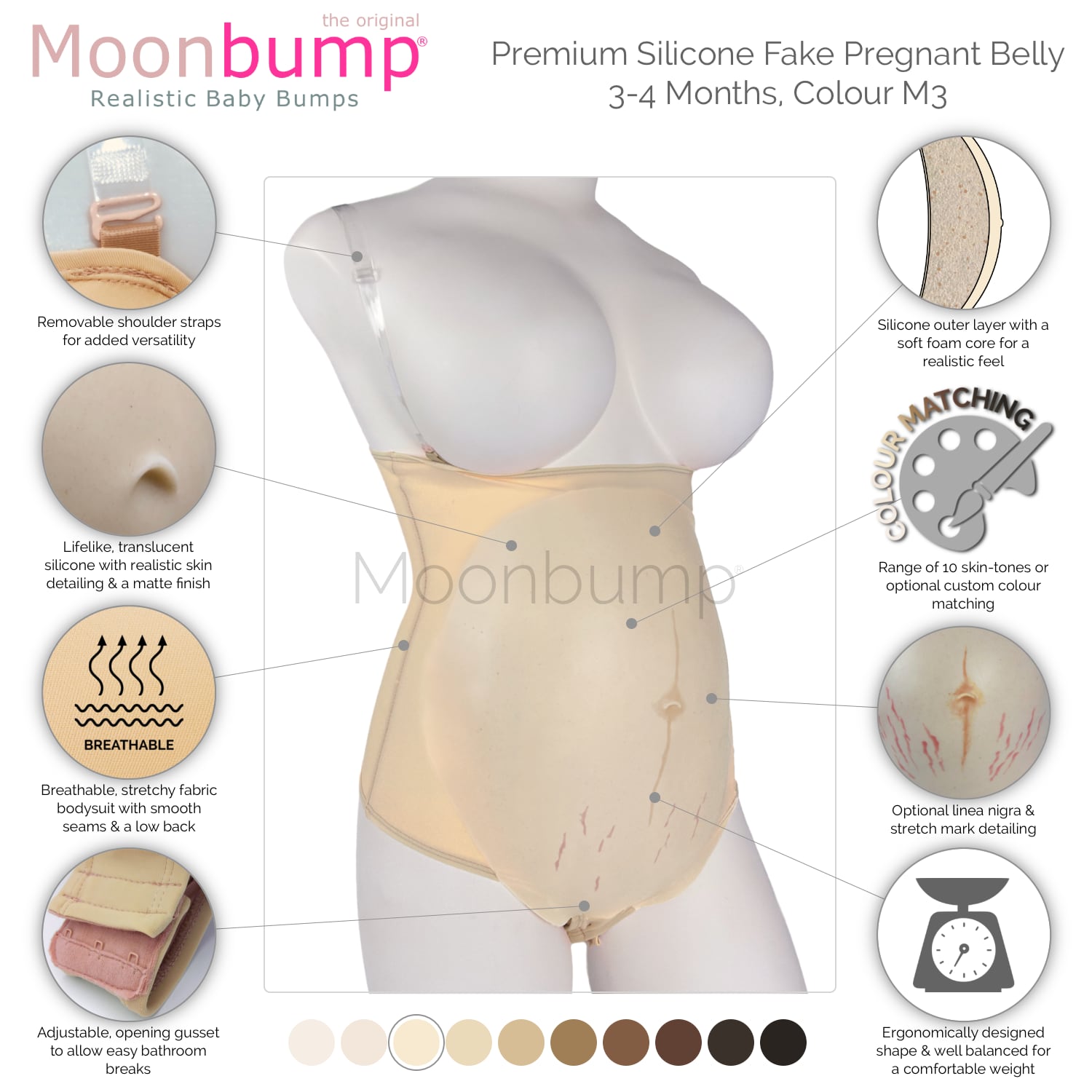 infographic showing the features of our premium silicone 3-4 month imitation pregnancy belly in a warm ivory skin tone