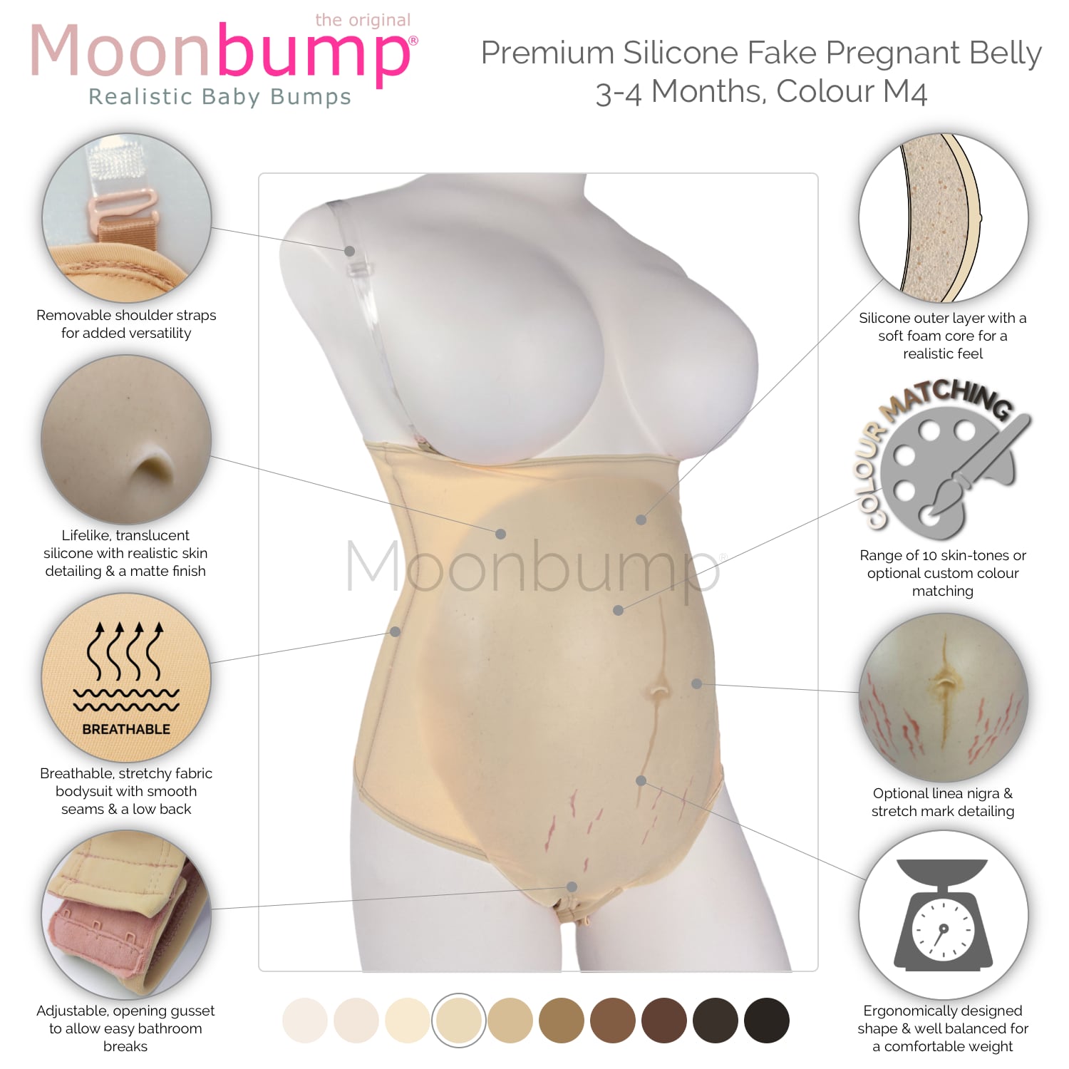 infographic showing the features of our premium silicone 3-4 month imitation pregnancy belly in a beige skin tone