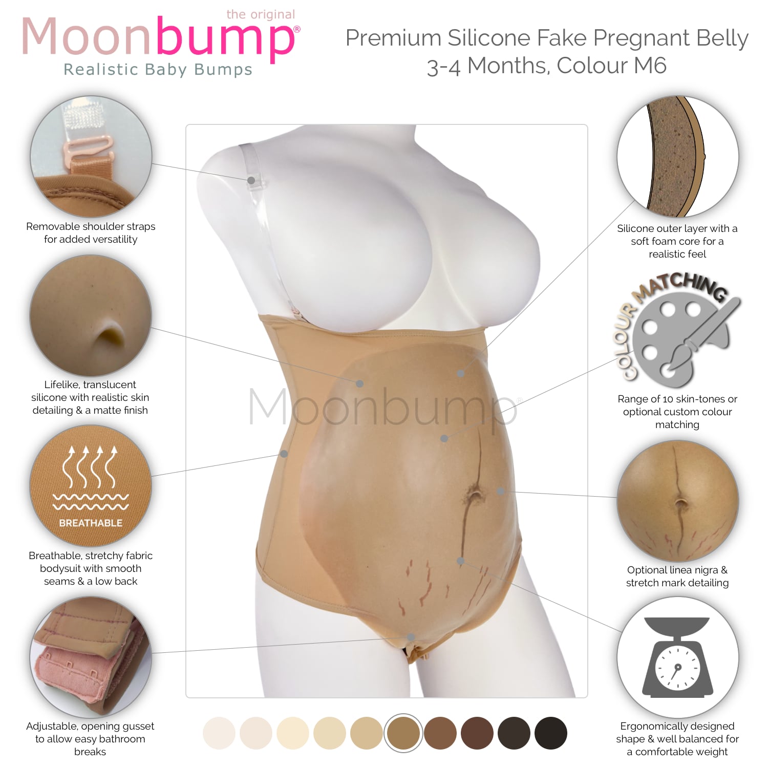 infographic showing the features of our premium silicone 3-4 month imitation pregnancy belly in a light brown skin tone