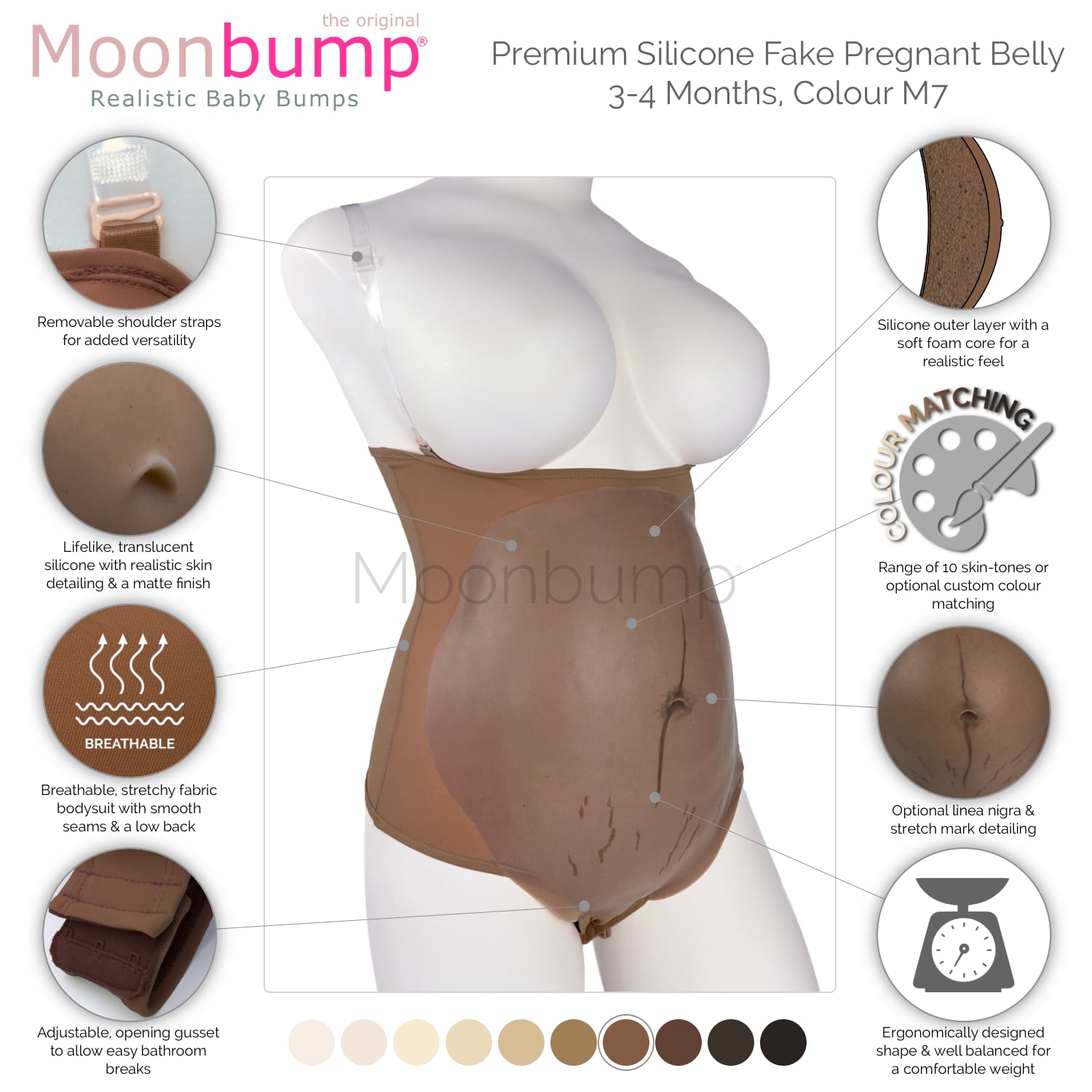 infographic showing the features of our premium silicone 3-4 month imitation pregnancy belly in a chocolate brown skin tone