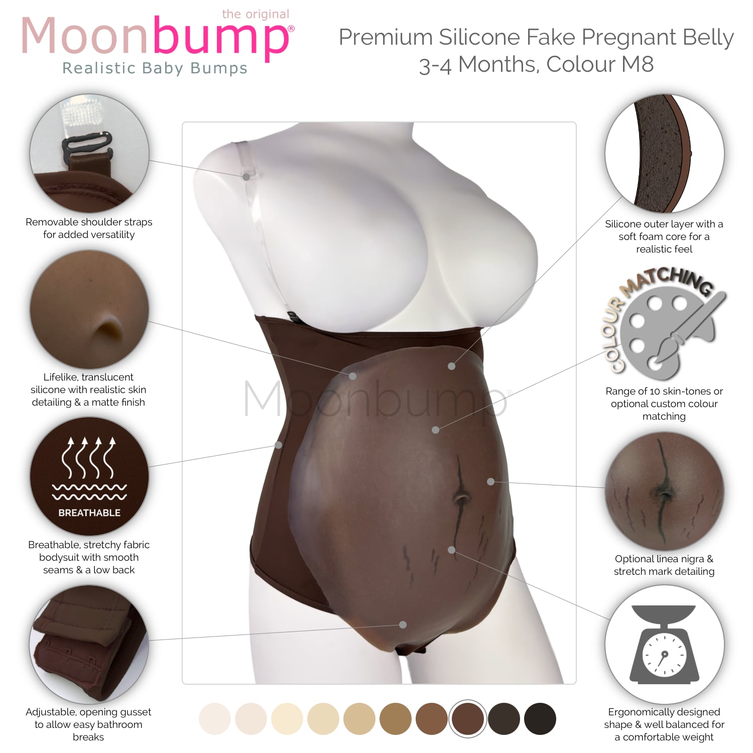 infographic showing the features of our premium silicone 3-4 month imitation pregnancy belly in a chestnut brown skin tone