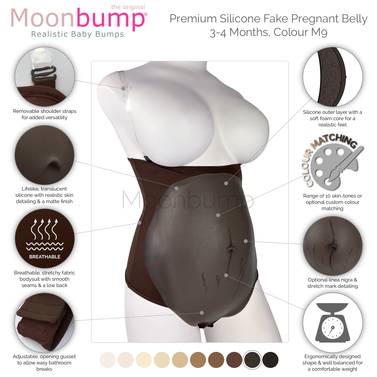 infographic showing the features of our premium silicone 3-4 month imitation pregnancy belly in a dark brown skin tone