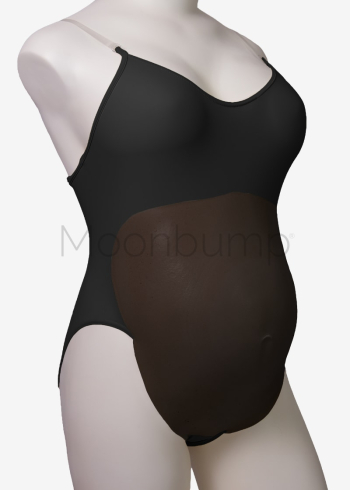 Foam fake pregnant belly black coffee colour f4, shown on a mannequin