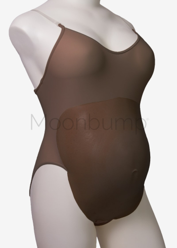 Foam faux pregnancy belly costume in Moonbump's F3 colour 'deep brown', shown on a mannequin