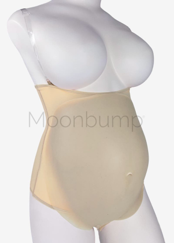 5-6 Month silicone artificial pregnancy belly by Moonbump, in colour M4 'beige', shown on a mannequin