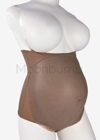 5-6 Month silicone artificial pregnancy belly by Moonbump, in colour M7 'chocolate brown', shown on a mannequin