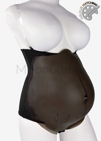 7-8 Month fake maternity belly, in colour M10 'black coffee' with linea nigra & stretch marks, shown on a mannequin