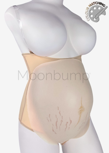 5-6 Month silicone fake pregnancy belly, in colour M1 'pale ivory' with linea nigra & stretch marks, shown on a mannequin
