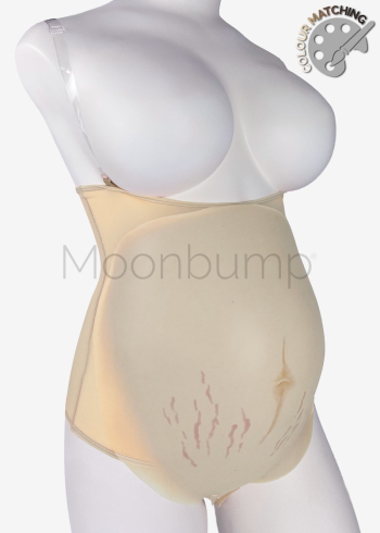 5-6 Month silicone fake pregnancy belly, in colour M3 'warm ivory' with linea nigra & stretch marks, shown on a mannequin