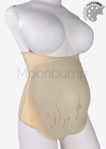 5-6 Month silicone fake pregnancy belly, in colour M4 'beige' with linea nigra & stretch marks, shown on a mannequin