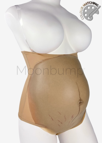 5-6 Month silicone fake pregnancy belly, in colour M6 'light brown' with linea nigra & stretch marks, shown on a mannequin