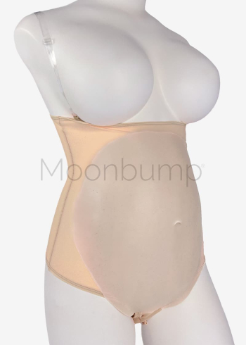 3-4 Month silicone fake pregnancy stomach by Moonbump, in colour M2 'porcelain', shown on a mannequin