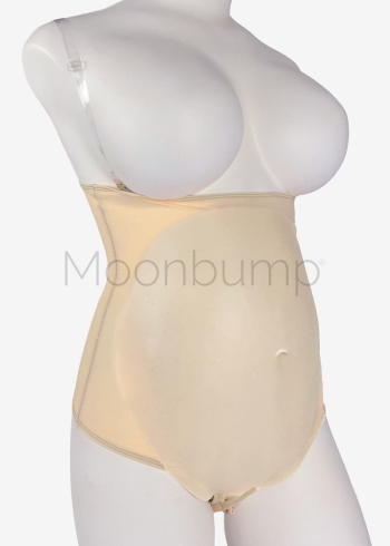 3-4 Month silicone fake pregnancy stomach by Moonbump, in colour M3 'warm ivory', shown on a mannequin
