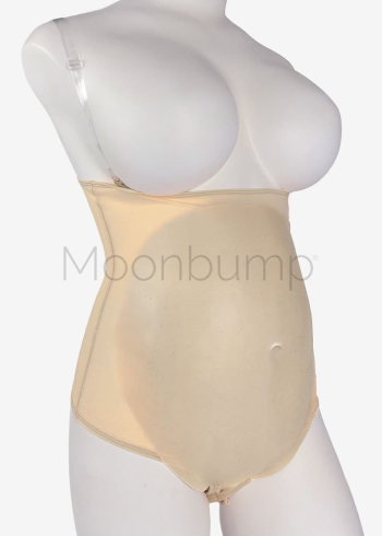3-4 Month silicone fake pregnancy stomach by Moonbump, in colour M4 'beige', shown on a mannequin