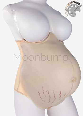 Silicone fake pregnant belly twins/8-9 month by Moonbump, in colour M1 'pale ivory' with linea nigra & stretch marks, shown on a mannequin